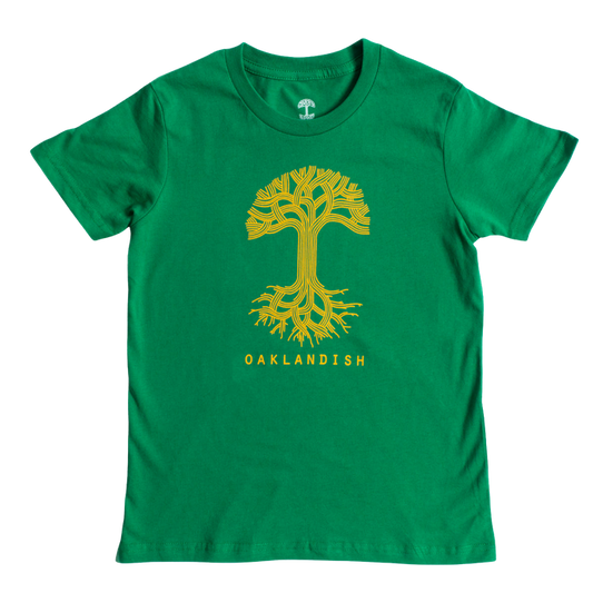 Introducing the Youth Oaklandish Classic Logo Tee by Oaklandish: This Kelly green t-shirt for kids features a striking yellow stylized tree design at its center, with interconnected branches and roots. The word "OAKLANDISH" is printed below the tree in bold yellow capital letters. Crafted from 100% cotton, this tee has a round neckline and short sleeves, showcased against a white backdrop.