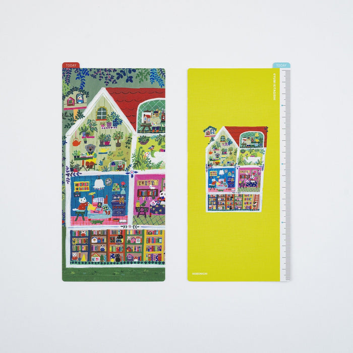 Front and back of Weeks sized pencil board with colorful Yumi Kitagishi design on white background