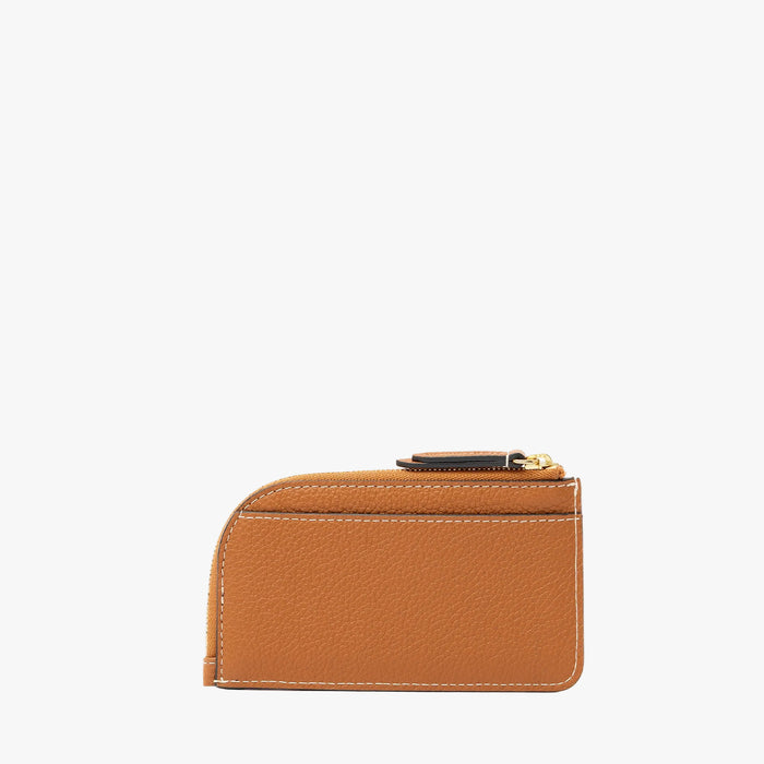 Back panel of STOW London's Zip Wallet in Earth an pebbled leather on a light grey background featuring a YKK Natulon zipper and the rear slip pocket